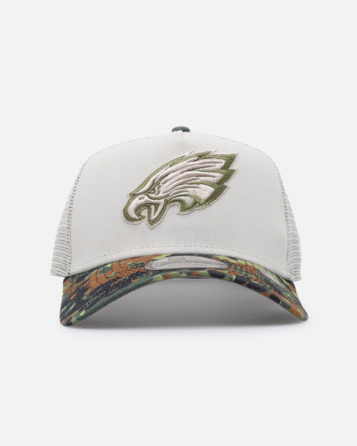 New Era Philadelphia Eagles "Camo Visor" 9FORTY A-Frame Trucker Snapback Stone/Olive