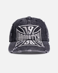 Von Dutch Cross Distressed Strapback Cap Washed Black