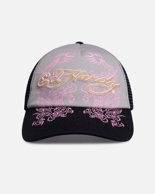 Ed Hardy Dragon Puffer Trucker Snapback Black/Pink