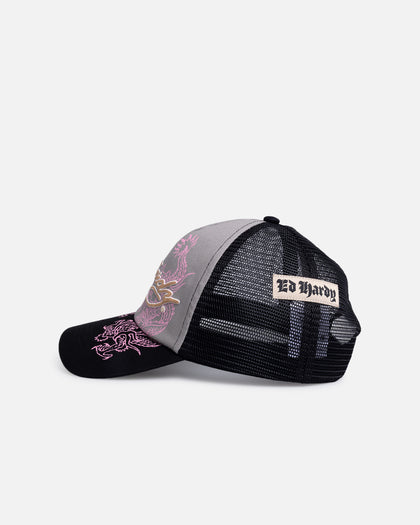 Ed Hardy Dragon Puffer Trucker Snapback Black/Pink