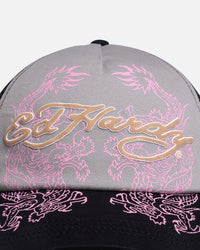 Ed Hardy Dragon Puffer Trucker Snapback Black/Pink