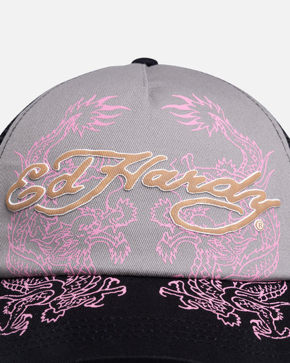 Ed Hardy Dragon Puffer Trucker Snapback Black/Pink