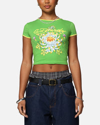 Ed Hardy Women's Blooming Baby Ringer T-Shirt Green/Yellow