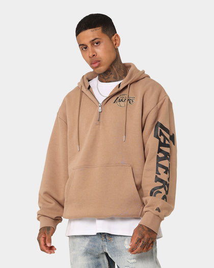 New Era Los Angeles Lakers Quarter Zip Sleeve Script Hoodie Khaki/Black