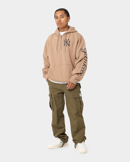 New Era New York Yankees Quarter Zip Sleeve Script Hoodie Khaki/Black