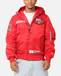 New Era San Francisco 49ers Alpha Industries L-2B Hooded Bomber Jacket Red