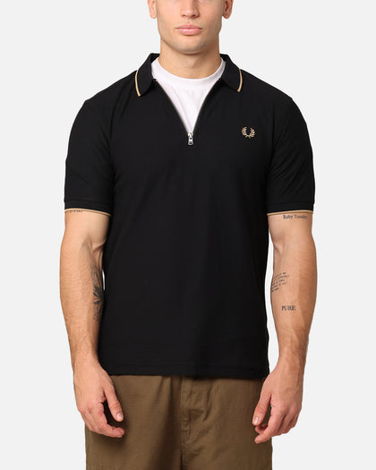 Fred Perry Crepe Pique Zip Neck Polo Shirt Black