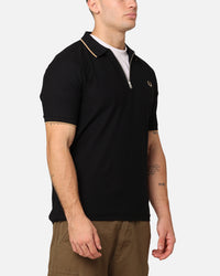 Fred Perry Crepe Pique Zip Neck Polo Shirt Black