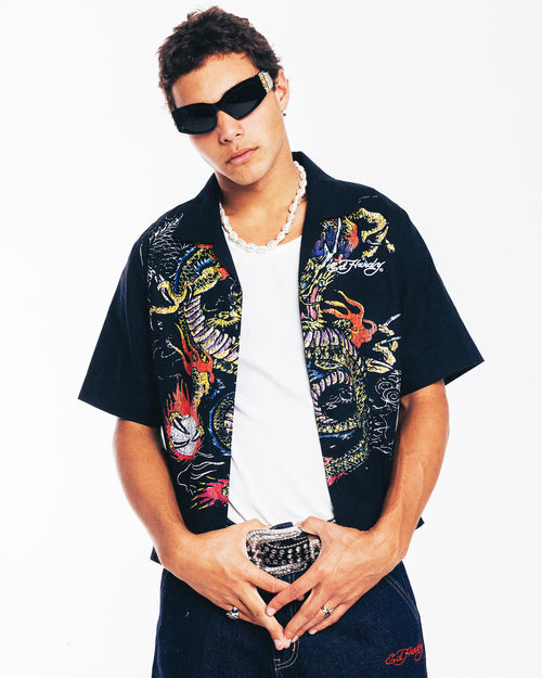 Ed Hardy Dragon Button Up Shirt Black
