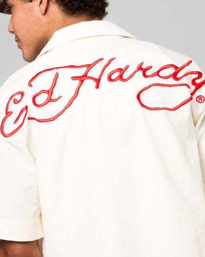 Ed Hardy Flaming Skull Button Up Shirt Off White
