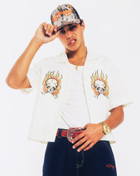 Ed Hardy Flaming Skull Button Up Shirt Off White