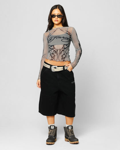 Ed Hardy Women's Techno Long Sleeve Mesh Top Washed Grey