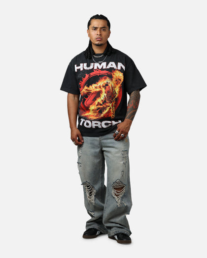73Studio Marvel Fantastic Four Human Torch Fire Vintage T-Shirt Black Acidwash
