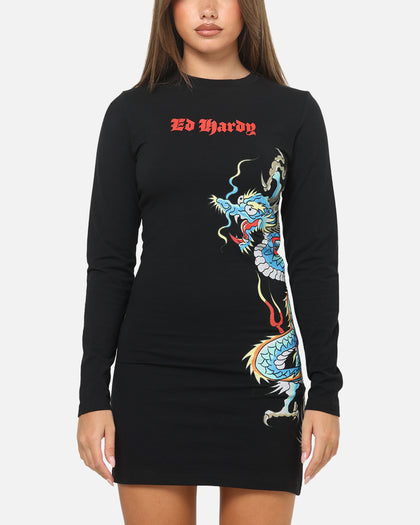 Ed Hardy Women's Dragon Long Sleeve Mini Dress Black