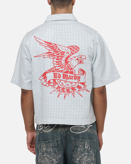 Ed Hardy Eagle Button Up Shirt Blue Pinstripe