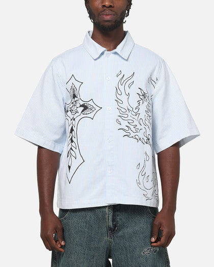 Ed Hardy Ghost Tattoo Button Up Shirt Blue Pinstripe