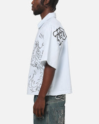 Ed Hardy Ghost Tattoo Button Up Shirt Blue Pinstripe