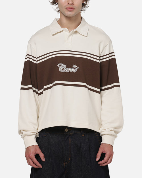 Carre Varsity Long Sleeve Polo Shirt Off White/Brown