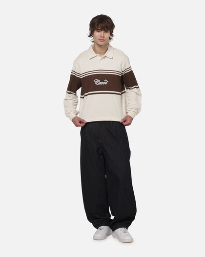 Carre Varsity Long Sleeve Polo Shirt Off White/Brown