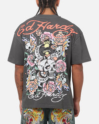 Ed Hardy Floral Skull T-Shirt Charcoal