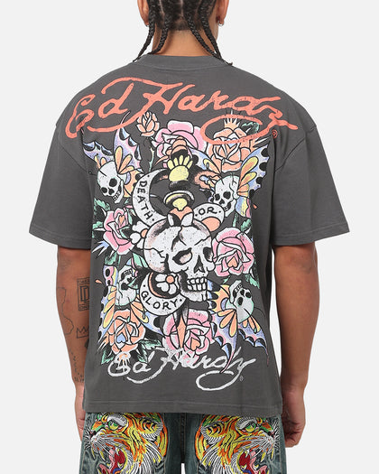 Ed Hardy Floral Skull T-Shirt Charcoal