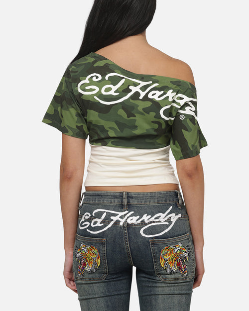Ed Hardy Women's Off Shoulder T-Shirt Woodland Camo