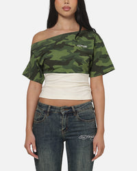 Ed Hardy Women's Off Shoulder T-Shirt Woodland Camo