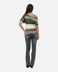 Ed Hardy Women's Off Shoulder T-Shirt Woodland Camo