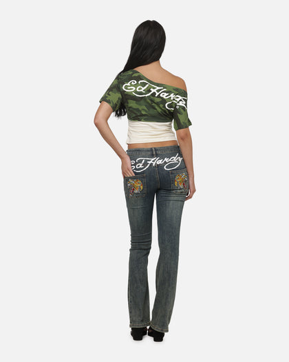 Ed Hardy Women's Off Shoulder T-Shirt Woodland Camo