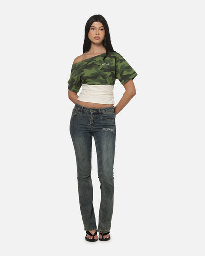 Ed Hardy Women's Off Shoulder T-Shirt Woodland Camo