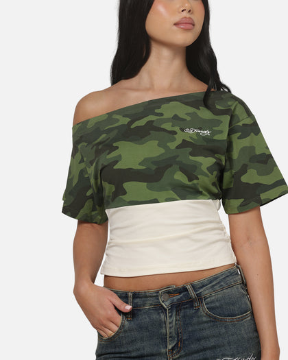 Ed Hardy Women's Off Shoulder T-Shirt Woodland Camo