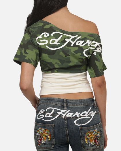 Ed Hardy Women's Off Shoulder T-Shirt Woodland Camo