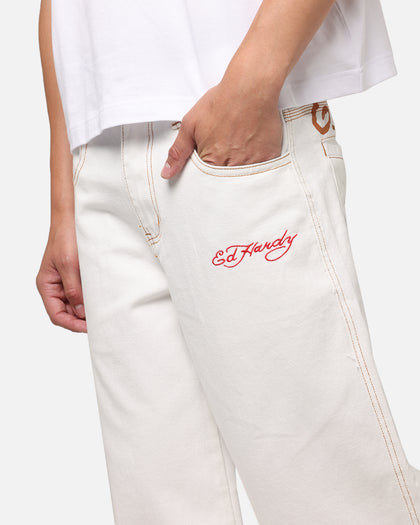 Ed Hardy Dragon Wide Leg Denim Jeans Off White