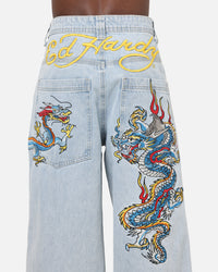 Ed Hardy Dragon Ultra Wide Leg Jeans Light Wash Blue
