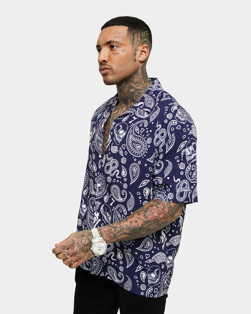 Saint Morta Paisley Skulls Short Sleeve Button Up Shirt Navy/White