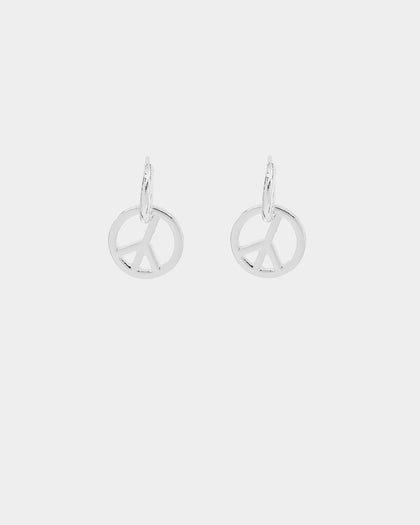 Wild For The Weekend Peace Drop Hoop Earrings Silver