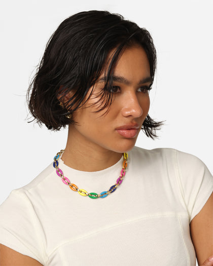 Guess Mainline Women's 17" Rainbow & Crystals Yellow Gold Necklace Multi