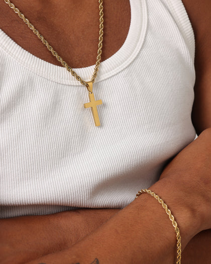 Saint Morta Cross Pendant Rope Chain & Bracelet Bundle Gold