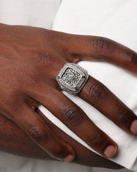 Guess Mainline 14mm Lion Pave Signet Ring Silver