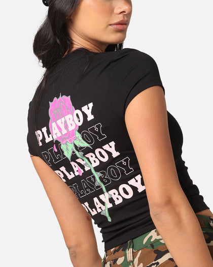 Playboy Women's Rose Stacked Baby T-Shirt Black