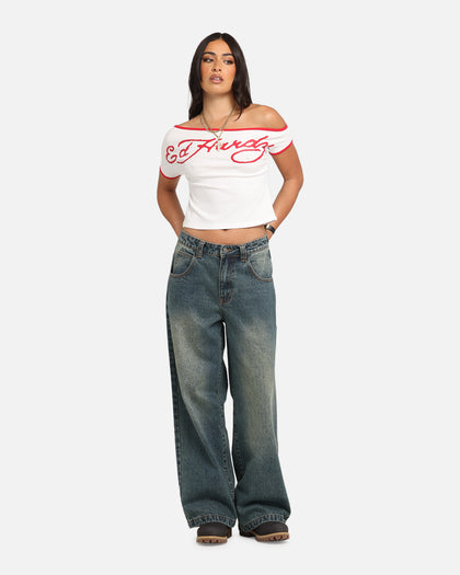 Ed Hardy Women's Aline Baby T-Shirt Off White/Red