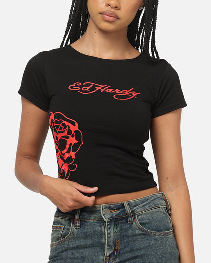 Ed Hardy Women's Rose Heart Baby T-Shirt Black/Red
