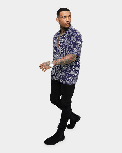 Saint Morta Paisley Skulls Short Sleeve Button Up Shirt Navy/White