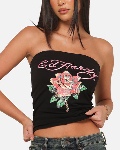 Ed Hardy Women's Rhinestone Rose Boob Tube Black
