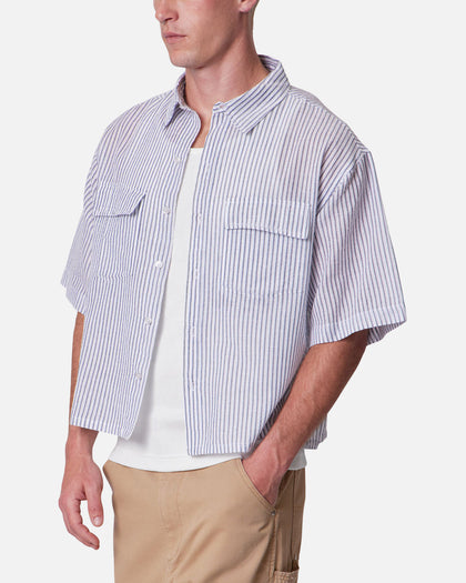 MNML Cropped Boxy Stripe Button Up Shirt Blue