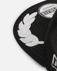 New Era Las Vegas Raiders 'Podium Collection' Pre-Curved Golfer Trucker Snapback Light Royal/Metallic Gold