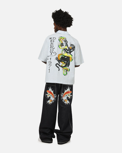 Ed Hardy Panther Button-Up Shirt Blue Pin Stripe
