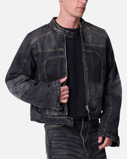 MNML Panelled Moto Denim Jacket Washed Black