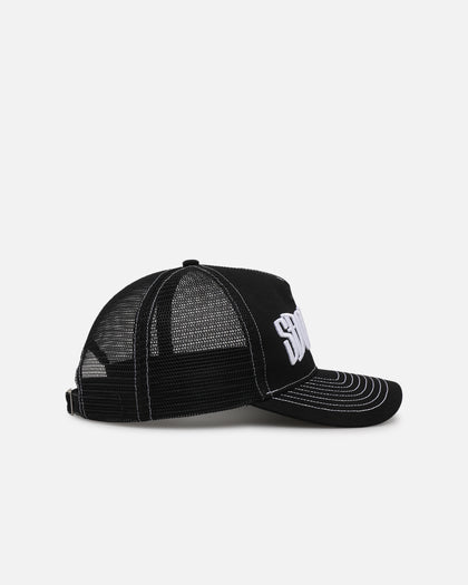 S Double Mid-Block Curved Peak Trucker Strapback Black