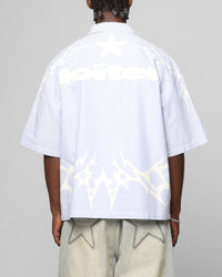 Loiter Cyber Zip Up Short Sleeve Shirt Blue Pin Stripe